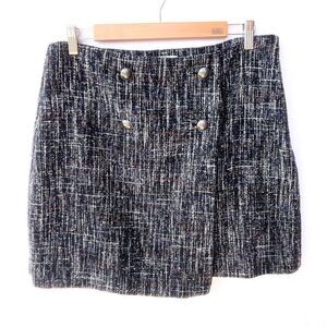 Ann Taylor LOFT Blue White Black Tweed Silver Button Flap Asymmetrical Skirt 12P